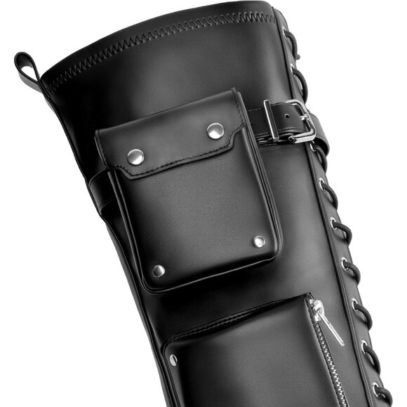 Women's Black Thigh High Boots Faux Leather Chunky Heel Over The Knee Boots - Picture 4 of 7